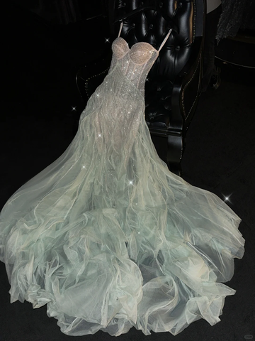 Romantic A Line Strapless Beaded Green Champagne Tulle Party Dress Evening Dress HZ1023